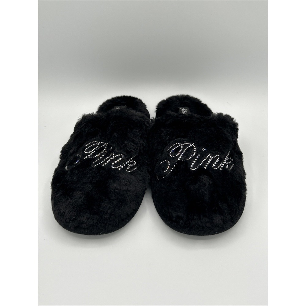 Victoria's Secret PINK Slippers Large Faux Fur Plush Color Black Bling Logo NWT